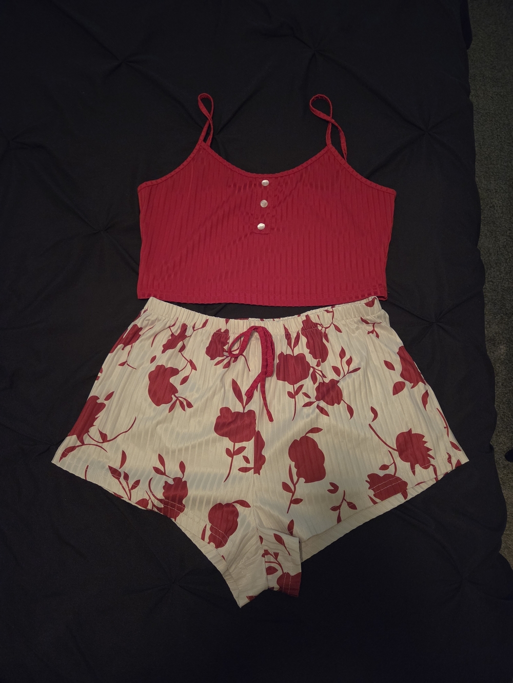 SHEIN Red Ribbed Cami with Cream Floral Shorts Pajama Set